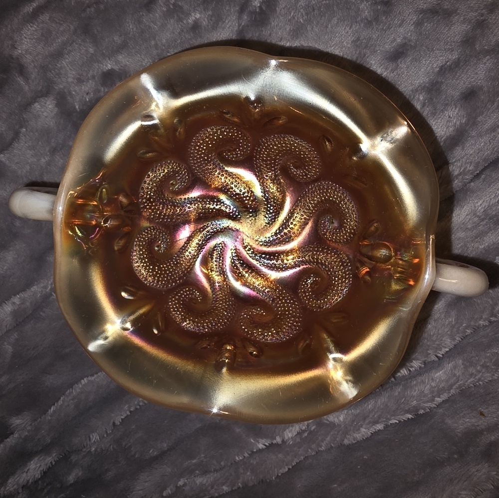 Dugan Marigold Carnival Glass Question Marks Footed Bonbon Dish